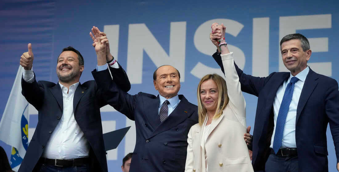 From left, The League's Matteo Salvini, Forza Italia's Silvio Berlusconi, Brothers of Italy's Giorgia Meloni, and Noi Con l'Italia's Maurizio Lupi, attend the center-right coalition closing rally in Rome Thursday, Sep. 22, 2022. Italians will vote on Sunday in what is billed as a crucial election on a continent reeling from the repercussions of the war in Ukraine. For the first time in Italy since the end of World War II, the balloting's outcome could propel into the premiership Giorgia Meloni, a leader with a far-right agenda. (AP Photo/Gregorio Borgia)