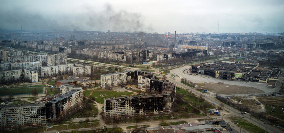 An aerial view taken on April 12, 2022, shows the city of Mariupol, during Russia's military invasion launched on Ukraine. - Russian troops on April 12 intensified their campaign to take the port city of Mariupol, part of an anticipated massive onslaught across eastern Ukraine, as the Russian president made a defiant case for the war on Russia's neighbour. (Photo by Andrey BORODULIN / AFP) (Photo by ANDREY BORODULIN/AFP via Getty Images)