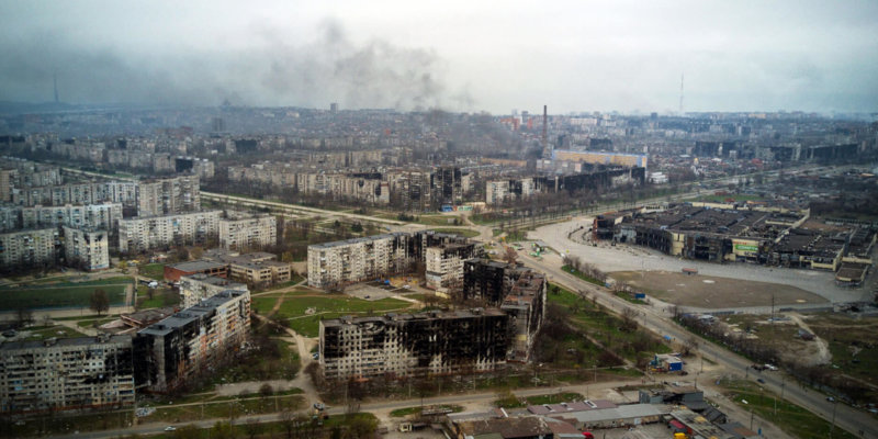 An aerial view taken on April 12, 2022, shows the city of Mariupol, during Russia's military invasion launched on Ukraine. - Russian troops on April 12 intensified their campaign to take the port city of Mariupol, part of an anticipated massive onslaught across eastern Ukraine, as the Russian president made a defiant case for the war on Russia's neighbour. (Photo by Andrey BORODULIN / AFP) (Photo by ANDREY BORODULIN/AFP via Getty Images)